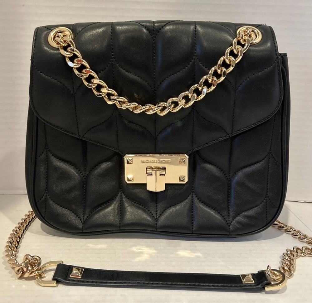 Michael Kors PEYTON Medium Flap Chain Shoulder Bag MK Black Quilted Faux Leather